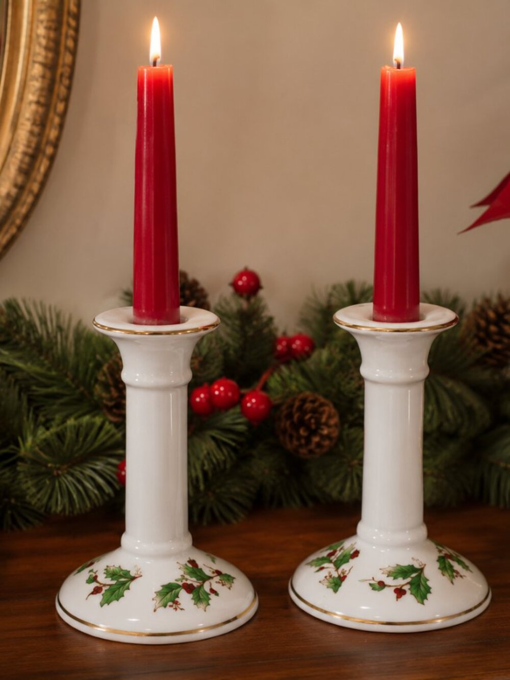 Vintage 1991 Noel Candlesticks Pair China Pearl Gold Rim Christmas Holly Candle